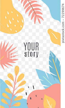 Social networks posts floral cover design. Tropical leaves in yellow, pink and blue colors exotic flat vector layout web banner, trendy design with copy space for digital media marketing 72299674