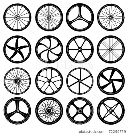 Bicycle wheels. Tires silhouettes bike wheels with metal spokes vector symbols collection 72299759