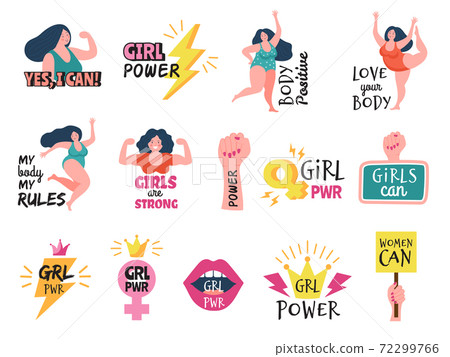 Girls badges. Feminist tags women powerful trendy sticker 80s style girl body positive logotype vector Girls badges. Feminist tags women powerful trendy sticker 80s style girl body positive logotype vector 72299766