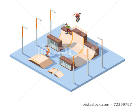 Skate park. Young teenagers active riders and jumpers extreme sport activities skateboard performance vector isometric background 72299797