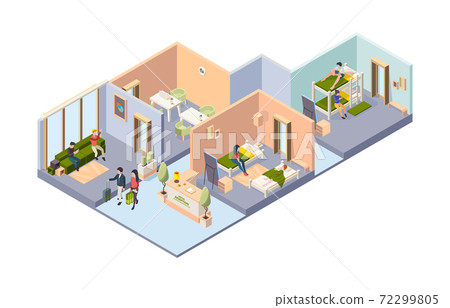 Hostel interior. Different rooms in hotel for students bedrooms restroom dining room with guest relaxing travellers vector isometric illustration 72299805