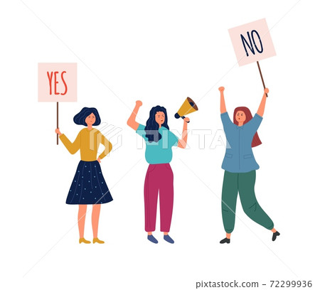 Woman holding info plates. Yes no banners, protest and accepted or negative and positive choice. Girls demonstration or voting vector illustration 72299936