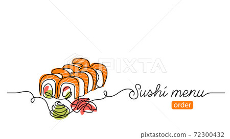 Sushi roll vector banner, background. One continuous line art drawing banner with text sushi menu for order, delivery 72300432