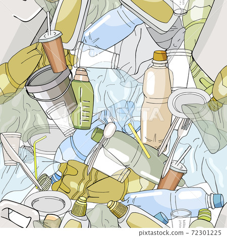Seamless pattern with different kinds of plastic garbage. 72301225