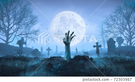 3d render Zombie hand crawls out of the ground at night against the background of the moon in the cemetery 72303987