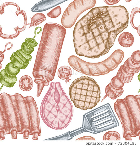 Seamless pattern with hand drawn pastel spatula, Pork ribs, kebab, sausages, steak, sauce bottles 72304183