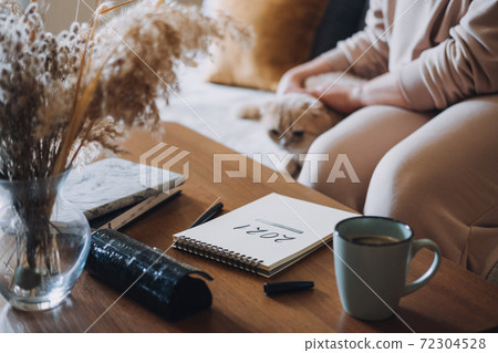 2021 goals, new year resolution, planning. Woman writing in Notebook with text 2021 loading on the table in apartments with cat. Notepad list concept, hand writting text 2021 and loading scale 2021 goals, new year resolution, planning. Woman writing in Notebook with text 2021 loading on the table in apartments with cat. Notepad list concept, hand writting text 2021 and loading scale 72304528