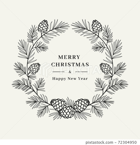 Merry Christmas card, Winter wreath Pine tree branch with cones, Floral wreath. Merry Christmas and Happy New Year greeting. Vector illustration 72304950