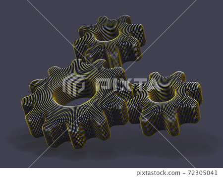 Three 3D gears made of yellow dots on gray background. 72305041