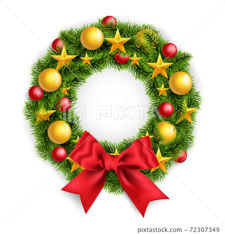 Realistic Christmas wreath with a big red bow and New Years toys. Decorated wreath of pine branches isolated on white, vector illustration. Realistic Christmas wreath with a big red bow and New Years toys. Decorated wreath of pine branches isolated on white, vector illustration. 72307349