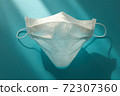 Medical mask folded in the shape of a face in the sunlight on a turquoise background 72307360