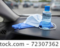 Medical mask, gloves and a bottle with an antiseptic are the minimum necessary set for the work of the food courier 72307362