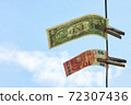 Dollars and euros are hanging on a rope, as a symbol of competition between currencies, concept, copy space 72307436