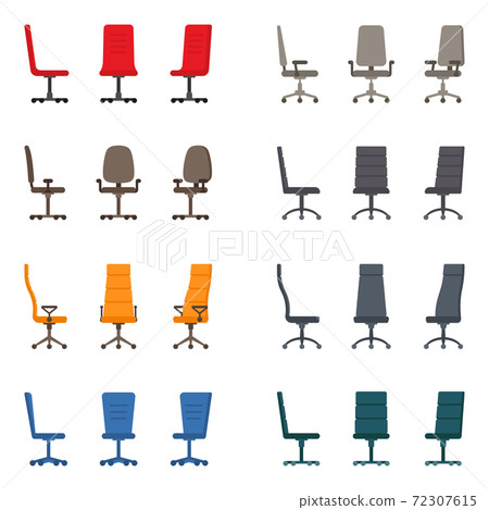 Isolated color modern spinning rolling office chair vector illustration icon set. Front, side view business seat kit 72307615