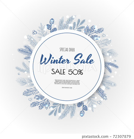 Winter sale vector banner design. Winter sale discount text with new years tree, snowflakes, cones. Winter sale vector banner design. Winter sale discount text with new years tree, snowflakes, cones. 72307879