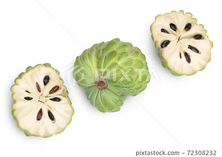 Sugar apple or custard apple isolated on white background with clipping path. Exotic tropical Thai annona or cherimoya fruit. Top view. Flat lay Sugar apple or custard apple isolated on white background with clipping path. Exotic tropical Thai annona or cherimoya fruit. Top view. Flat lay 72308232