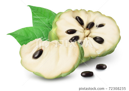Sugar apple or custard apple half isolated on white background with clipping path and full depth of field. Exotic tropical annona or cherimoya fruit Sugar apple or custard apple half isolated on white background with clipping path and full depth of field. Exotic tropical annona or cherimoya fruit 72308235