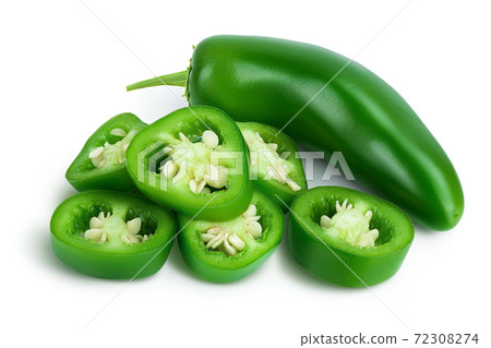 jalapeno peppers isolated on white background. Green chili pepper with clipping path and full depth of field. jalapeno peppers isolated on white background. Green chili pepper with clipping path and full depth of field. 72308274