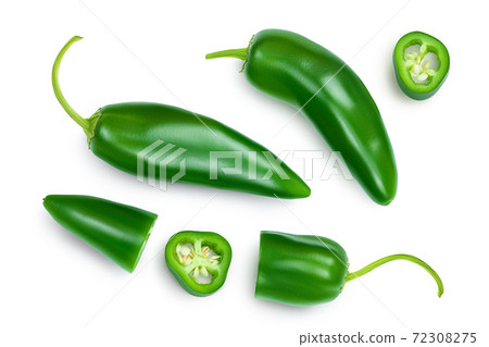 jalapeno peppers isolated on white background. Green chili pepper with clipping path. Top view. Flat lay 72308275