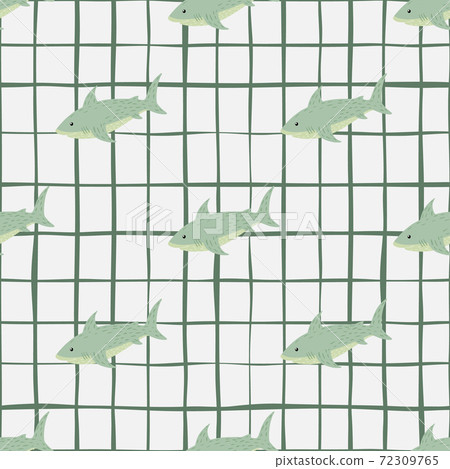 Wildlife water seamless animal pattern with green shark shapes. White chequered background. 72309765