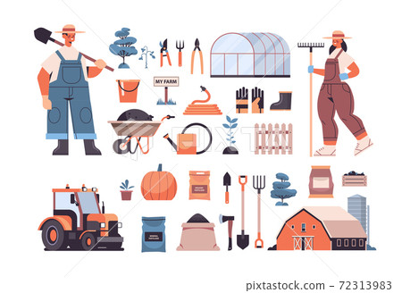 set garden and farm tools gardening equipment and farmers in uniform organic eco farming agriculture concept horizontal vector illustration 72313983
