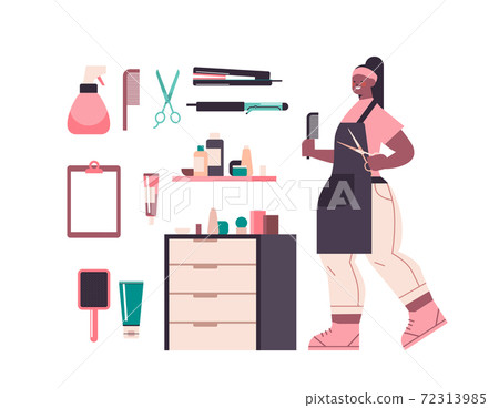hairdresser in uniform using comb and scissors tools and accessories icons collection beauty salon concept 72313985