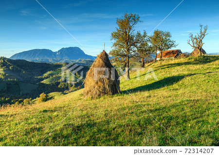 Autumn rural landscape with hay bales,Holbav,Transylvania,Romania,Europe 72314207