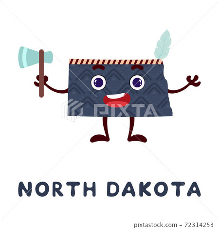 Cute cartoon North Dakota state character clipart. Illustrated map of state of North Dakota of USA with state name. Funny character design for kids game, sticker, cards, poster. Vector illustration Cute cartoon North Dakota state character clipart. Illustrated map of state of North Dakota of USA with state name. Funny character design for kids game, sticker, cards, poster. Vector illustration 72314253