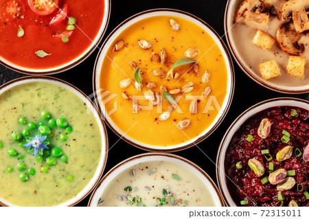 Vegan cream soup variety. Various vegetable soups, shot from the top 72315011