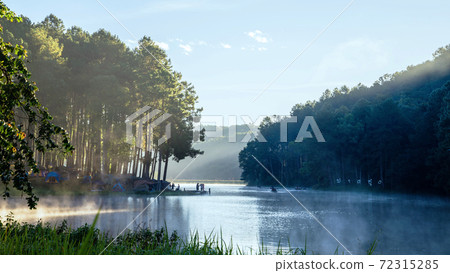 travel  Beatiful nature panorama view of Pang Ung lake in the mist at sunrise. 72315285