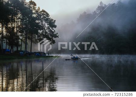 travel  Beatiful nature panorama view of Pang Ung lake in the mist at sunrise. 72315286