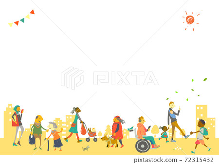 Colorful and fun hand-painted frame material of various people with cityscape background 72315432