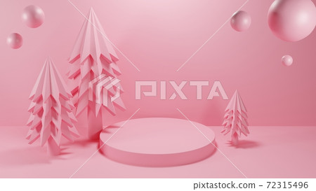 Christmas tree with circle podium. Pink color tone. Merry Christmas and Happy New Year concept. 3D Rendering illustration. Christmas tree with circle podium. Pink color tone. Merry Christmas and Happy New Year concept. 3D Rendering illustration. 72315496