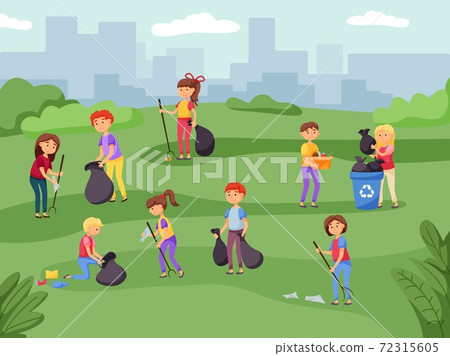 People cleaning up urban city park putting garbage in bag 72315605