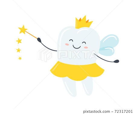 Children tooth fairy. Cute tooth with wings, a crown and a magic wand. Vector illustration Children tooth fairy. Cute tooth with wings, a crown and a magic wand. Vector illustration 72317201
