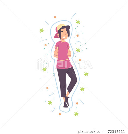 Healthy Teenage Girl Reflecting Bacteria and Viruses, Strong Immune System Concept Cartoon Style Vector Illustration Healthy Teenage Girl Reflecting Bacteria and Viruses, Strong Immune System Concept Cartoon Style Vector Illustration 72317211