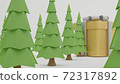 A golden gift box placed behind a green pine tree on a white background for Christmas. 72317892