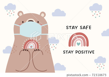 戴著口罩的可愛熊角色發送正面信息 72318673