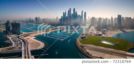 Dubai Marina skyscrapers panorama with popular JBR beach in the UAE aerial view 72318769