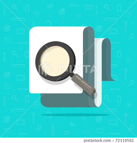 Paper document inspection or search via magnifier glass vector flat cartoon, concept of fraud control audit research, file review and analyze idea, evaluation or assessment, study and examine verify 72319582