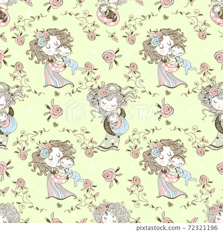 Seamless pattern on the theme of motherhood. The mother and child. Baby shower. Vector. 72321196