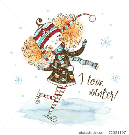Cute red-haired girl in a knitted hat skating in winter. Watercolors and graphics. Vector 72321197