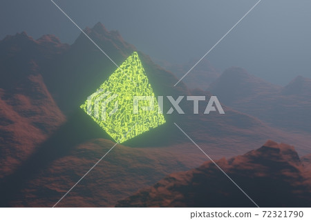 luminous mysterious pyramid on a rocky alien terrain, 3D rendering 72321790