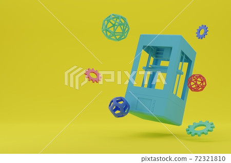 Modern 3D printer with various printed parts with copy space, 3D rendering 72321810