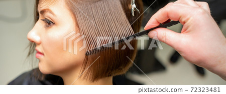 Hairdresser brushing straight female hair 72323481