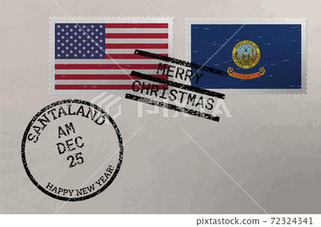 Postage stamp envelope with Idaho and US flag, Christmas and New Year stamps, vector 72324341