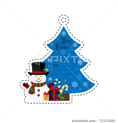 Christmas tree and snowman with gifts. Gift tag 72325893