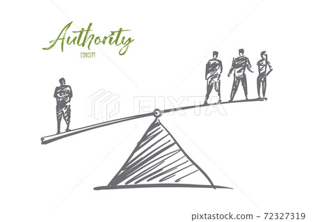 Hand drawn man outweighting three men on scales 72327319