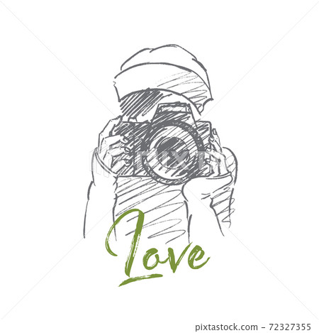 Hand drawn girl holding photocamera with lettering Hand drawn girl holding photocamera with lettering 72327355