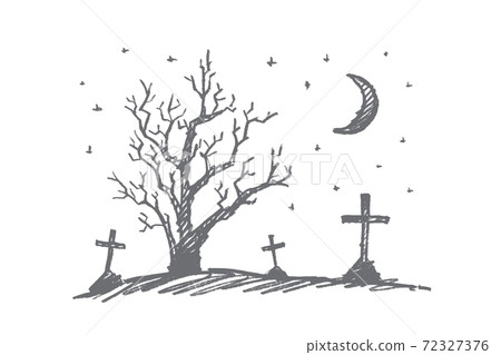 Hand drawn Halloween cemetery, dry wood and moon Hand drawn Halloween cemetery, dry wood and moon 72327376
